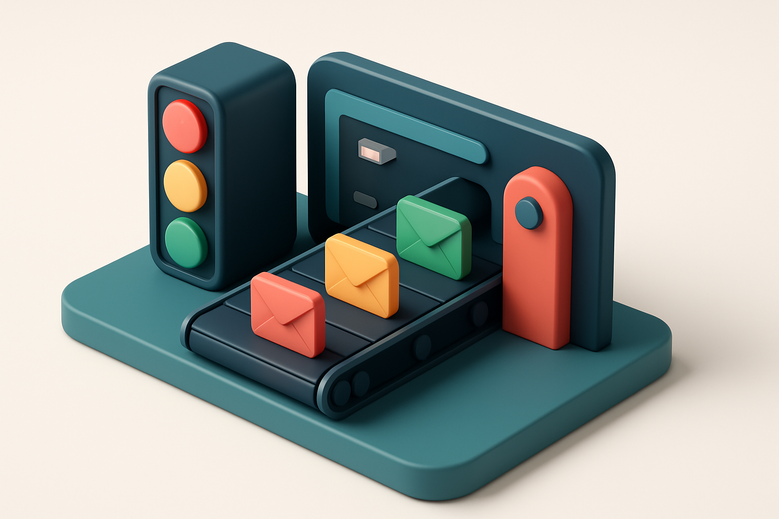 An isometric dashboard showing a traffic light system: red 'invalid' envelopes, orange 'risky' ones, green 'valid' ones,
