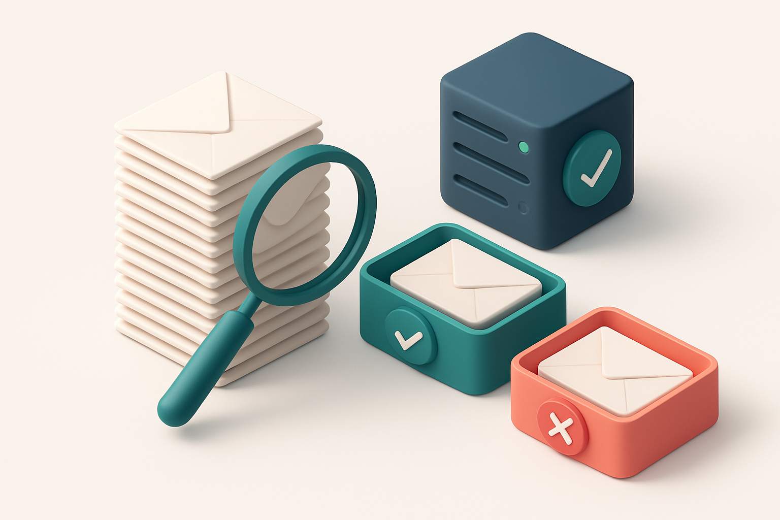 an isometric email inbox with envelopes being sorted onto a green 'valid' tray and a red 'invalid' tray, a magnifying gl