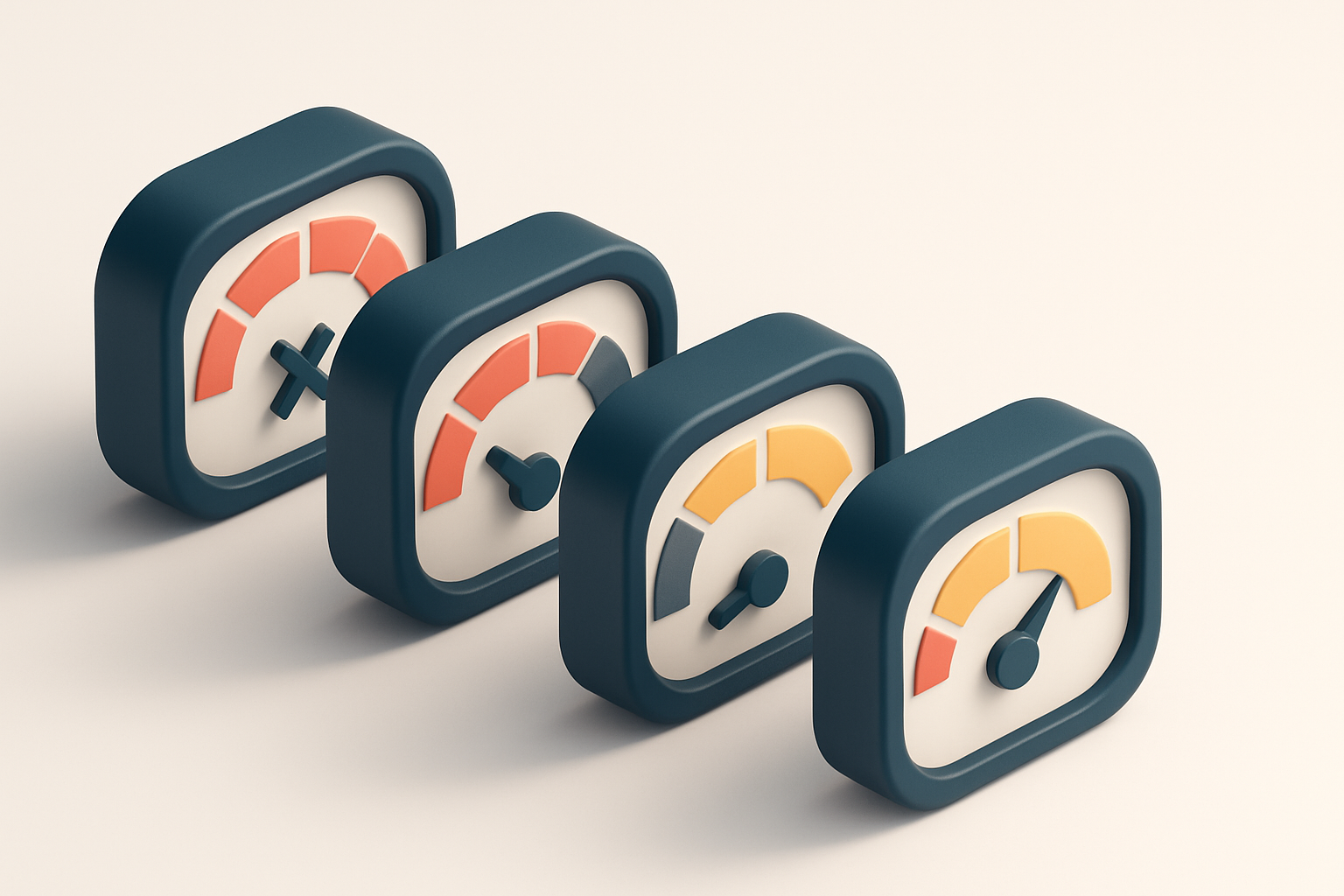 a row of four gauges, each showing different validation status: green, red, yellow, and amber