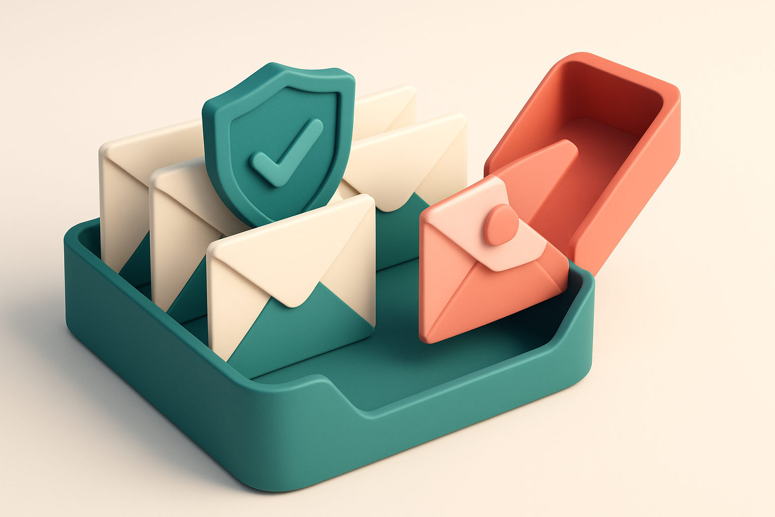 An isometric email inbox filled with envelopes labeled 'Gmail', 'Outlook', and 'Apple Mail', each being scanned by a dig