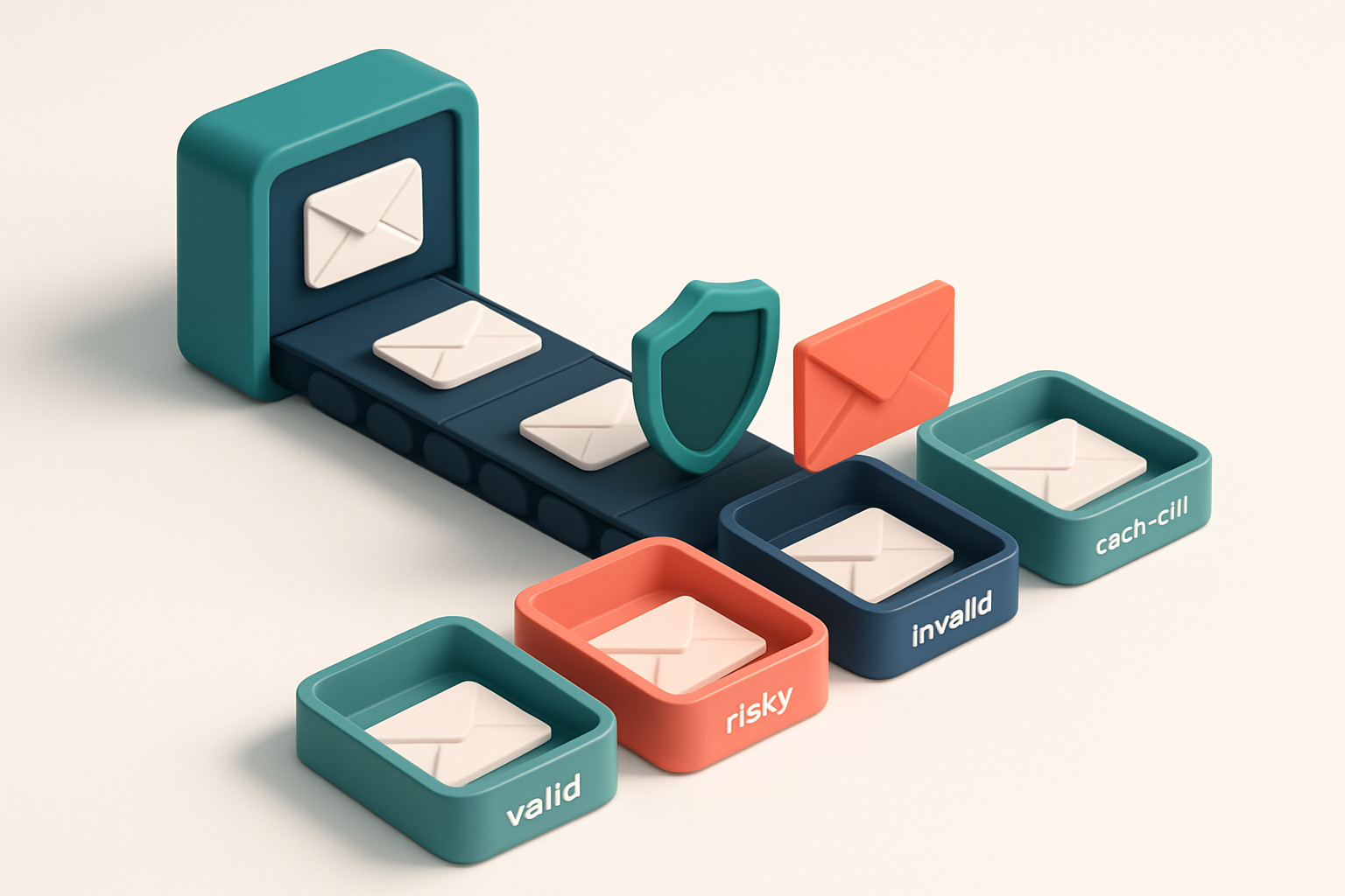 An isometric email inbox with a conveyor belt feeding envelopes labeled 'valid', 'risky', 'invalid', and 'catch-all' int
