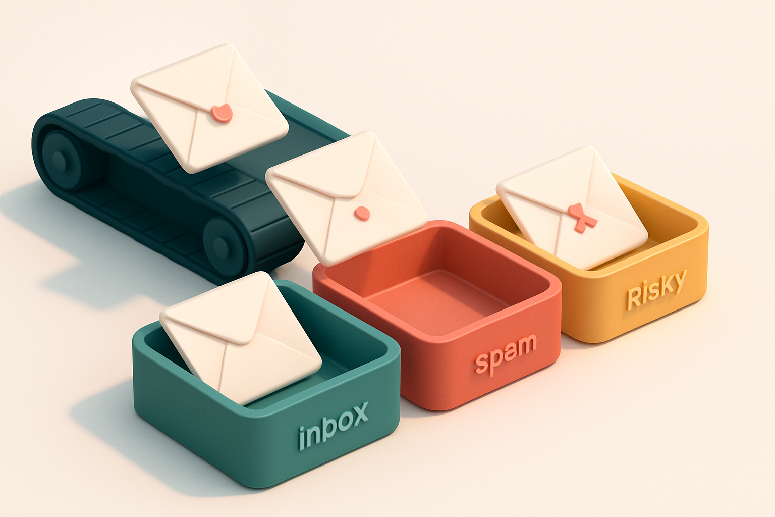 A 3D isometric illustration of a conveyor belt feeding envelopes into three labeled boxes: a green 'inbox' tray, a red '