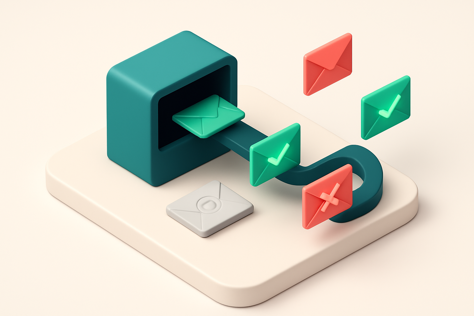 an isometric inbox with multiple envelopes being routed through a digital tunnel, some glowing green (valid), others red
