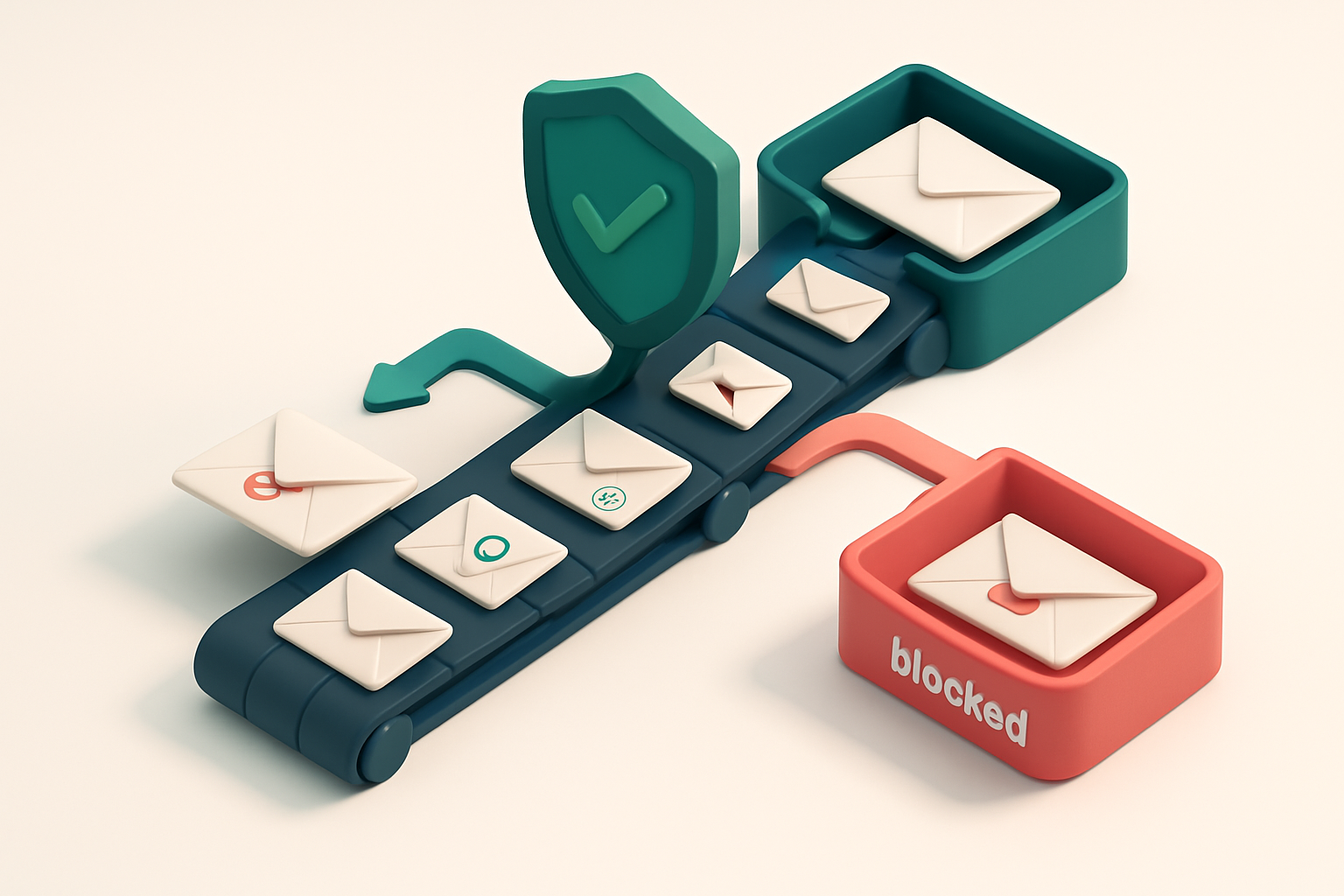 An isometric view of a conveyor belt carrying envelopes labeled with email domains; some go into a green 'inbox' tray, o