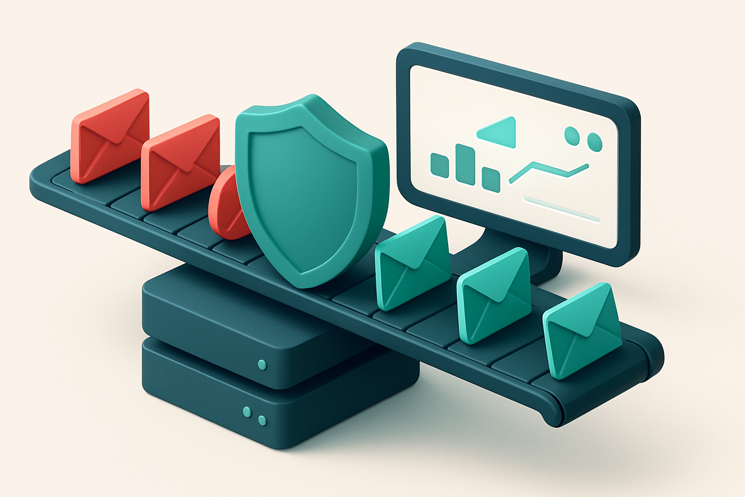 An isometric email server stack with red 'blocked' envelopes being filtered out by a shield labeled 'real-time testing',