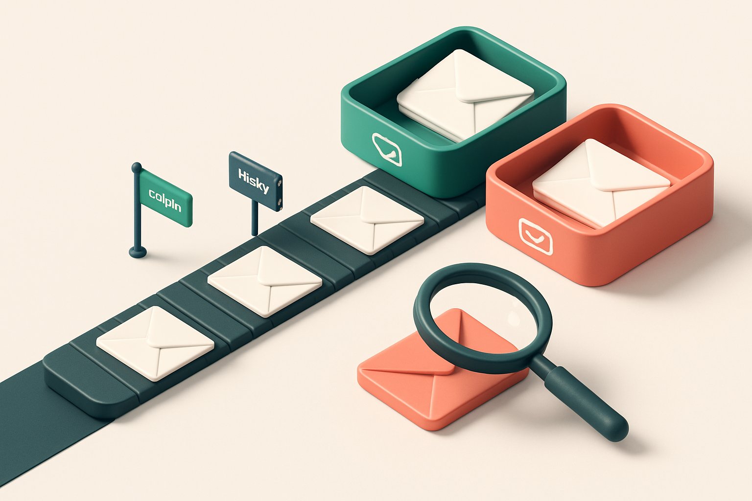 An isometric email inbox with envelopes being sorted onto a green 'valid' tray and a red 'invalid' tray, a conveyor belt