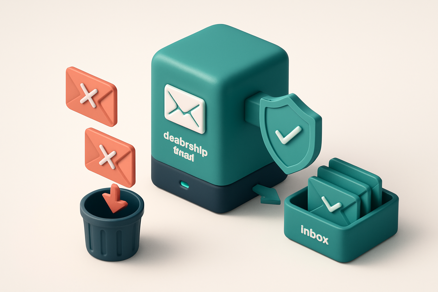 An isometric view of a centralized dealership email server with red 'invalid' and 'catch-all' envelopes being rejected a