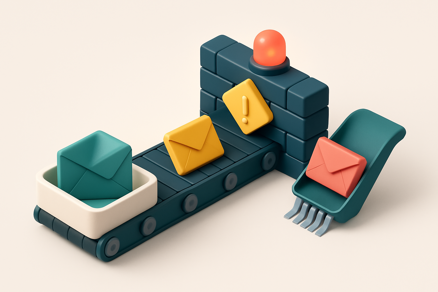 an isometric view of a conveyor belt moving green email envelopes into a 'inbox' tray, red envelopes marked 'blocked' go