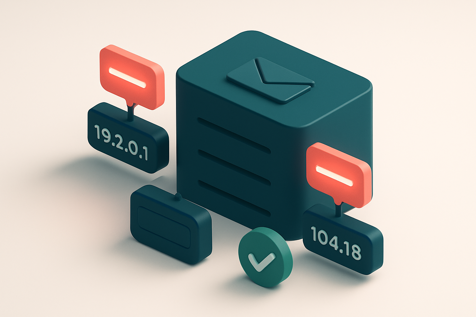 an isometric email server with multiple IP addresses labeled like '192.0.2.1' and '104.28.12.5', glowing red signs on tw