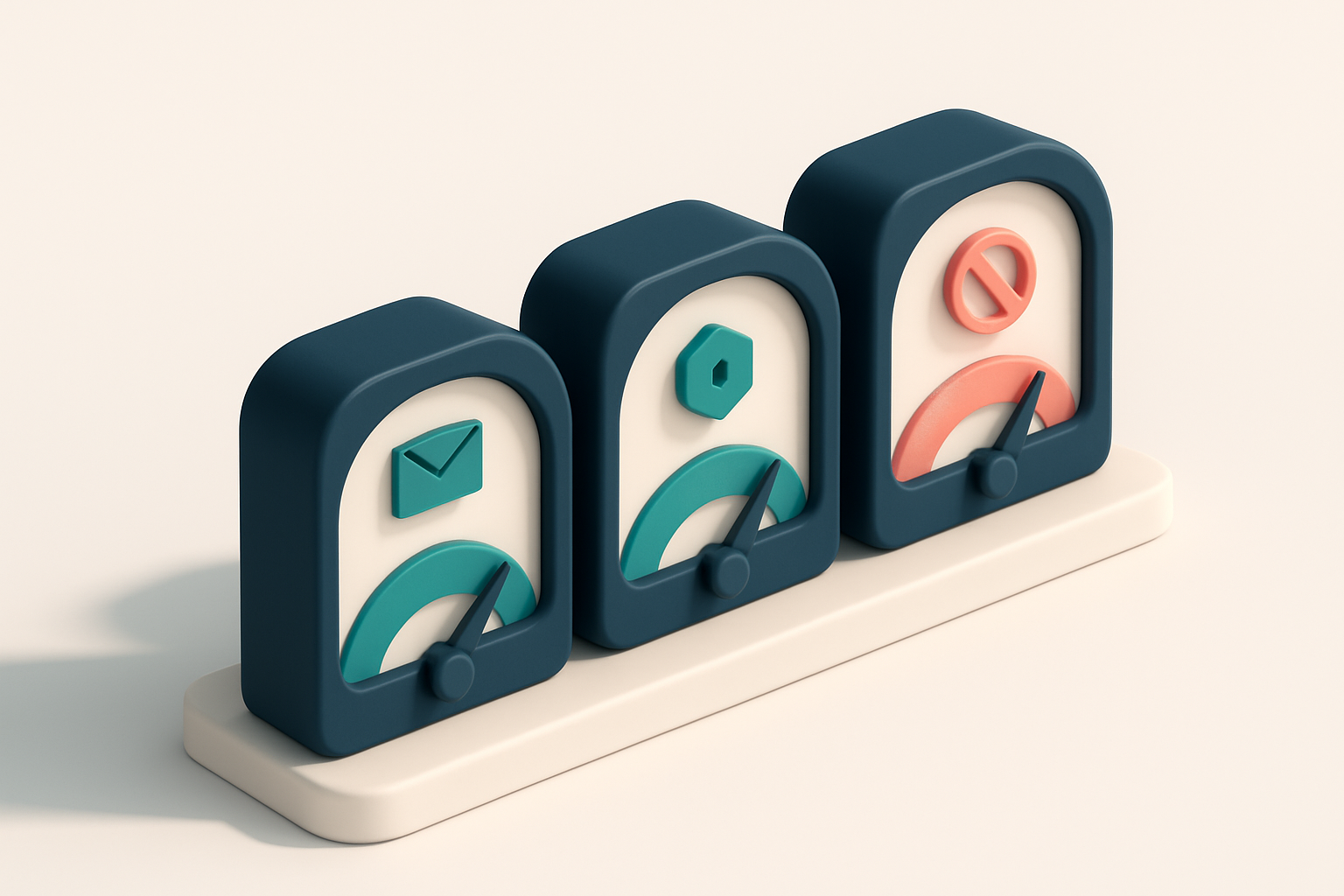 a row of three gauges showing inbox, spam, and blocked statuses