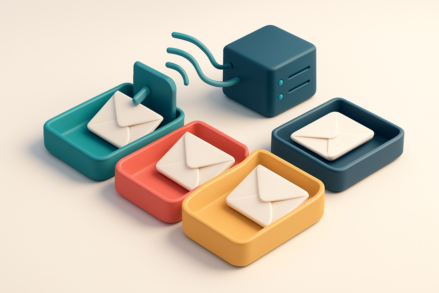 An isometric email inbox with envelopes being sorted onto a green 'valid' tray, a red 'invalid' tray, a yellow 'risky' t