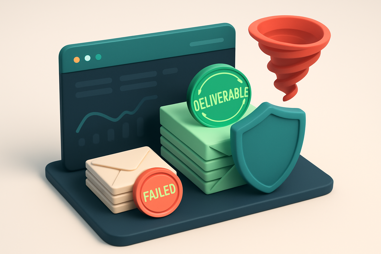 An isometric dashboard with a glowing green 'deliverable' stamp over a bundle of envelopes labeled 'membership users', a