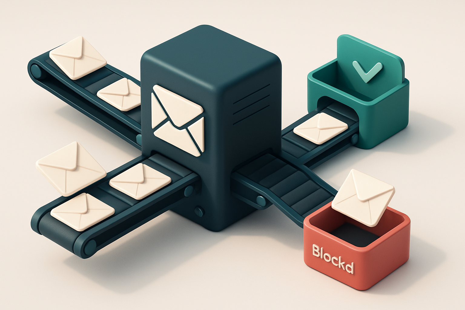 an isometric email server farm with conveyor belts carrying envelopes marked 'order confirm', 'shipping update', and 're