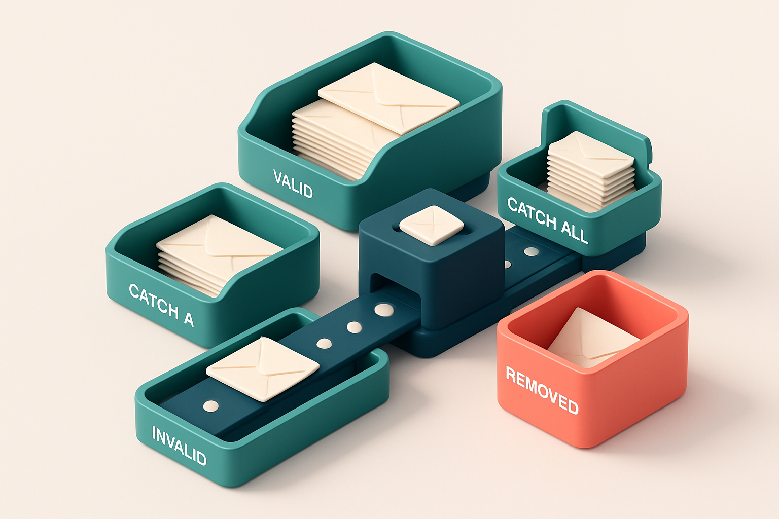 An isometric email inbox stacked with envelopes labeled 'valid', 'duplicate', 'catch-all', and 'invalid'. A conveyor bel