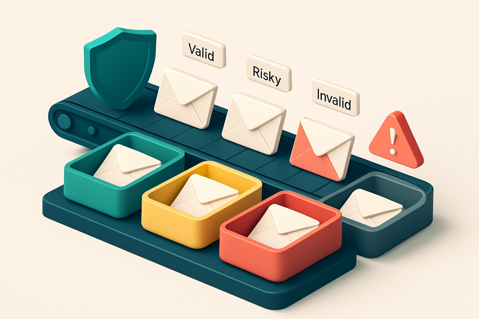 An isometric dashboard showing a conveyor belt with envelopes labeled 'Valid', 'Risky', 'Invalid', and 'Catch-all' being