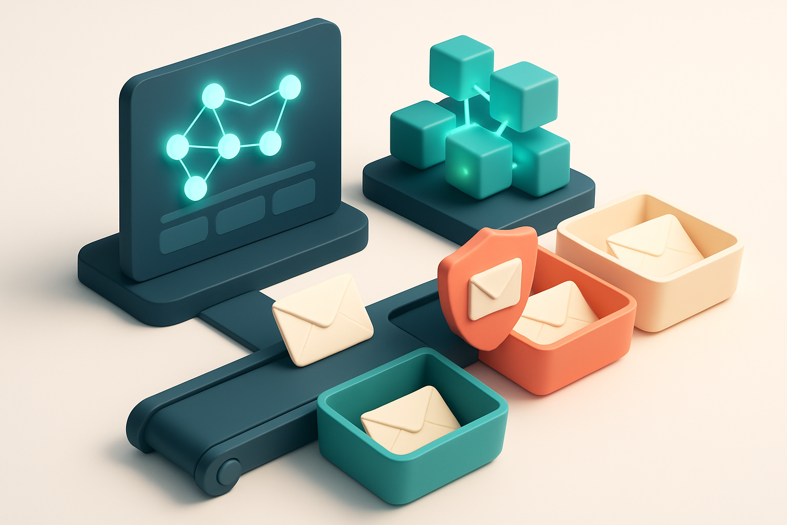 An isometric illustration of a blockchain dashboard with glowing nodes, connected to a conveyor belt that sorts incoming