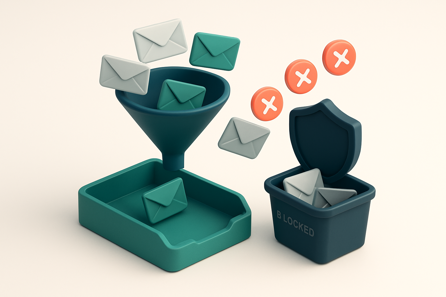 An isometric office scene showing a funnel with 3D envelopes labeled 'valid' and 'risky' flowing into a green 'inbox' tr
