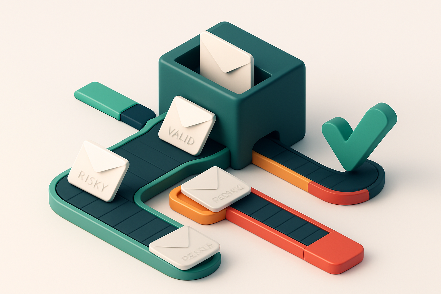 An isometric illustration of a digital inbox with envelopes labeled 'Valid', 'Risky', 'Catch-All', and 'Invalid' being r
