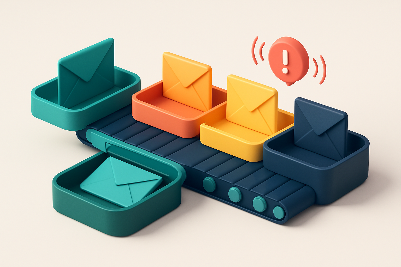 An isometric inbox tray with colored envelopes labeled 'Valid', 'Risky', 'Catch-all', and 'Invalid' being sorted into se