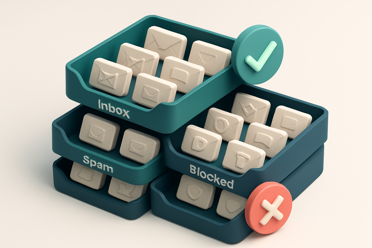 An isometric email inbox with 18 different envelope icons—each labeled with a provider name like Gmail, Outlook, and Pro