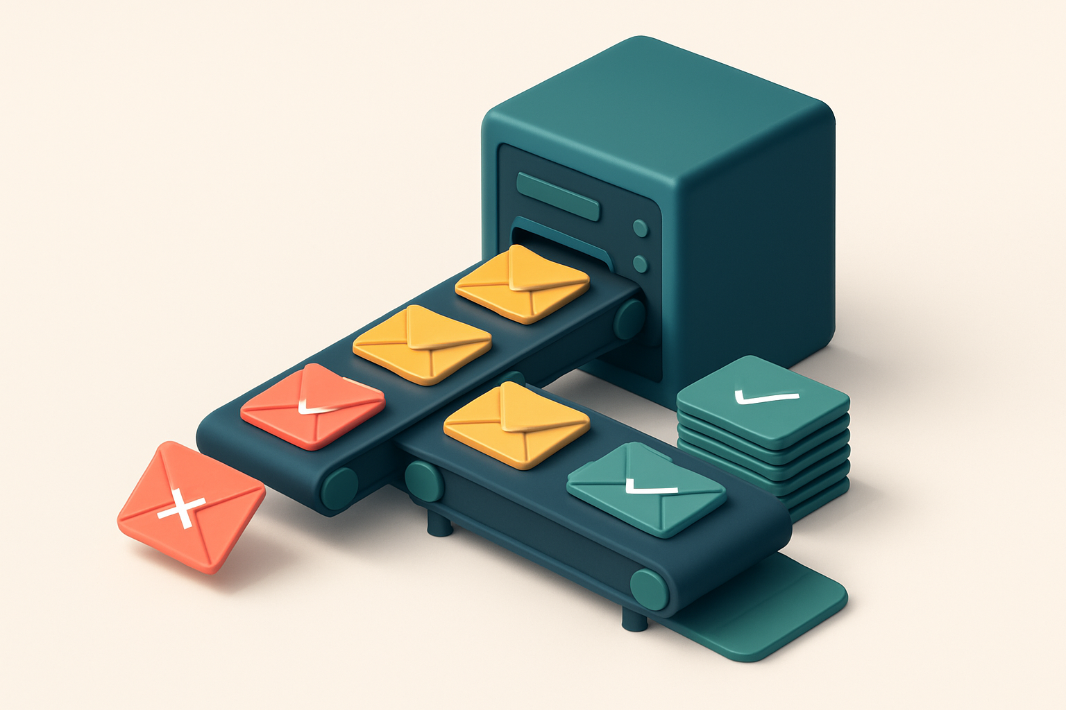 an isometric server rack with three parallel conveyor belts: one spitting out red 'invalid' email envelopes, one sorting
