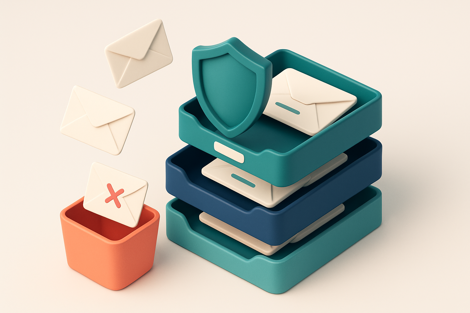 An isometric email inbox with envelopes labeled 'Valid', 'Catch-All', and 'Risky' being sorted into three separate trays