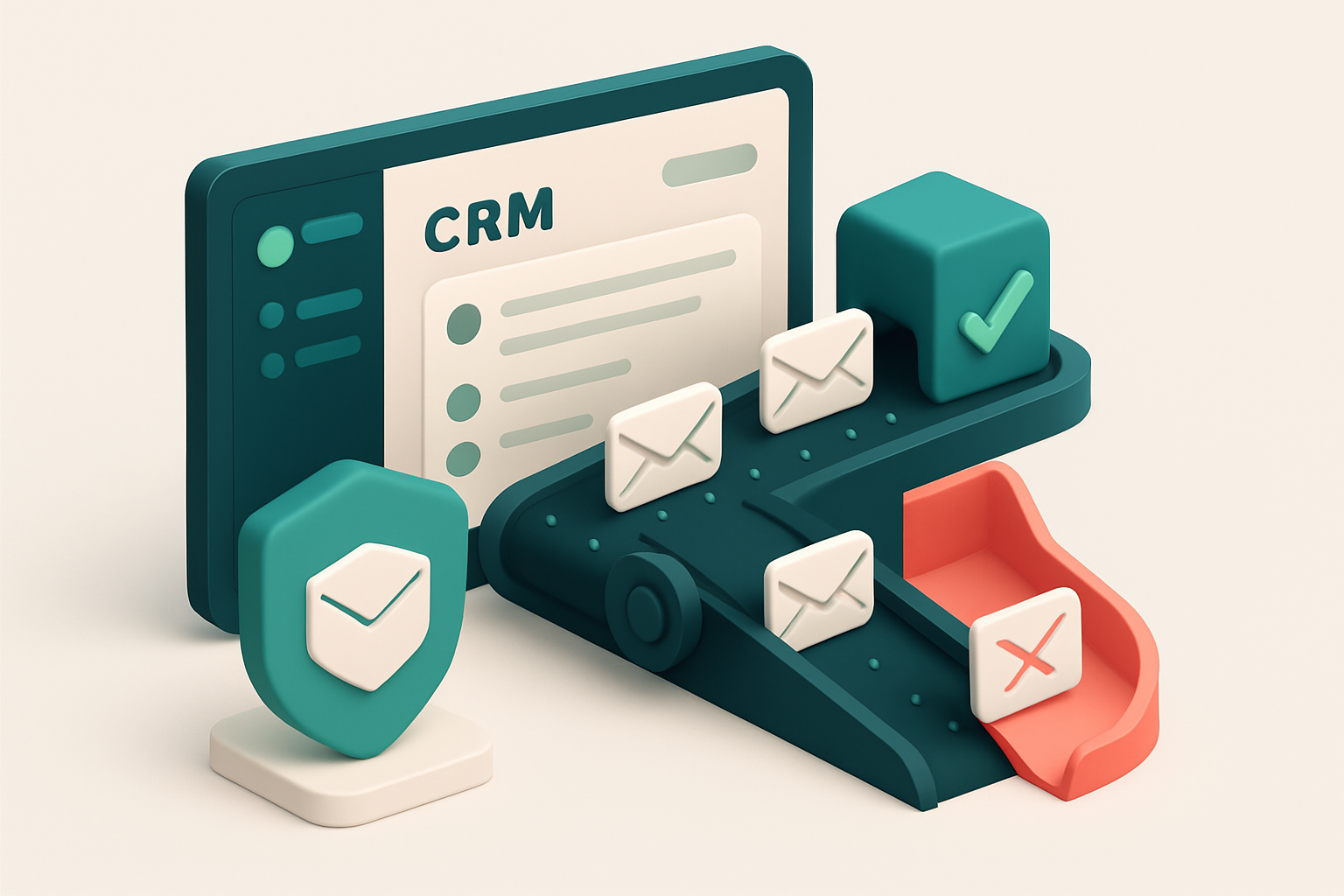 An isometric illustration of a Close CRM dashboard with email addresses entering a green 'verified' conveyor belt, while