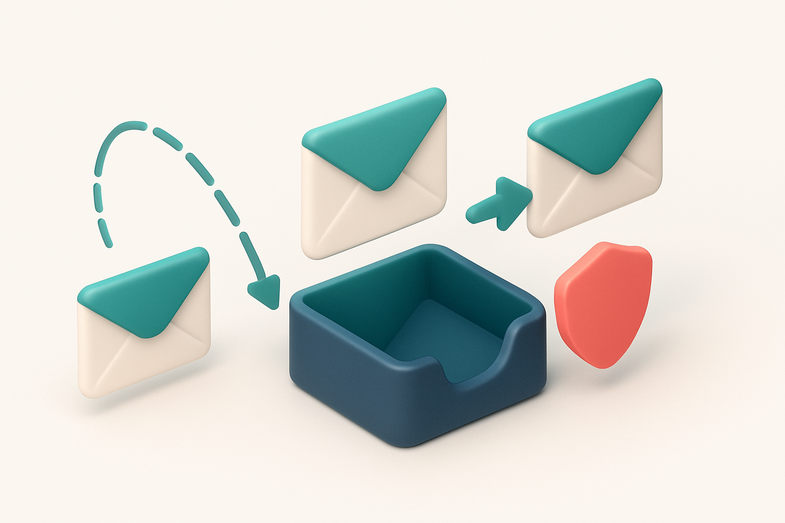 An isometric email inbox with envelopes flying toward it from three directions: one labeled 'Valid', one labeled 'Risky'