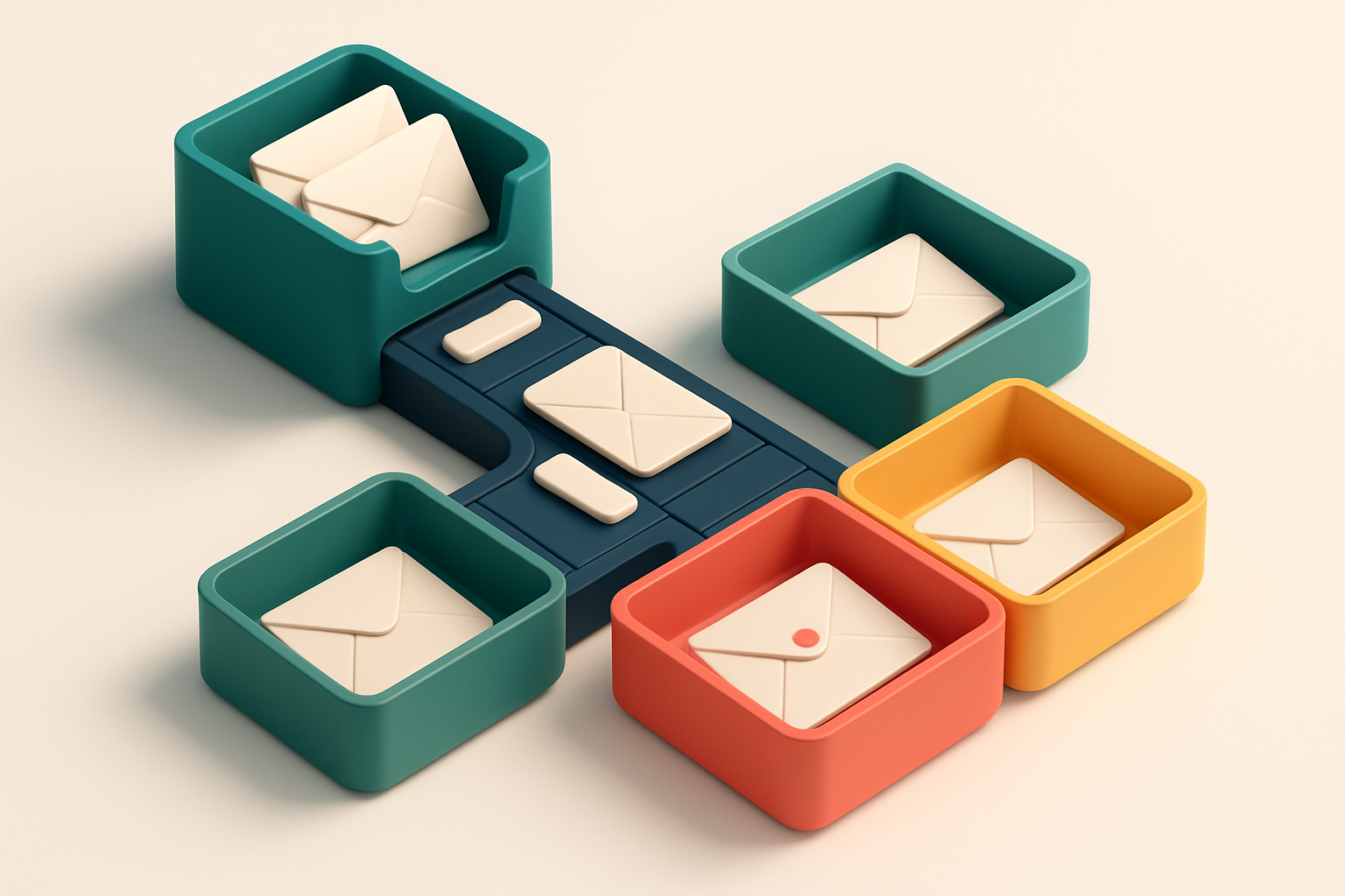 An isometric email inbox with envelopes being sorted by a conveyor belt: a green 'Delivers' tray receives clean envelope