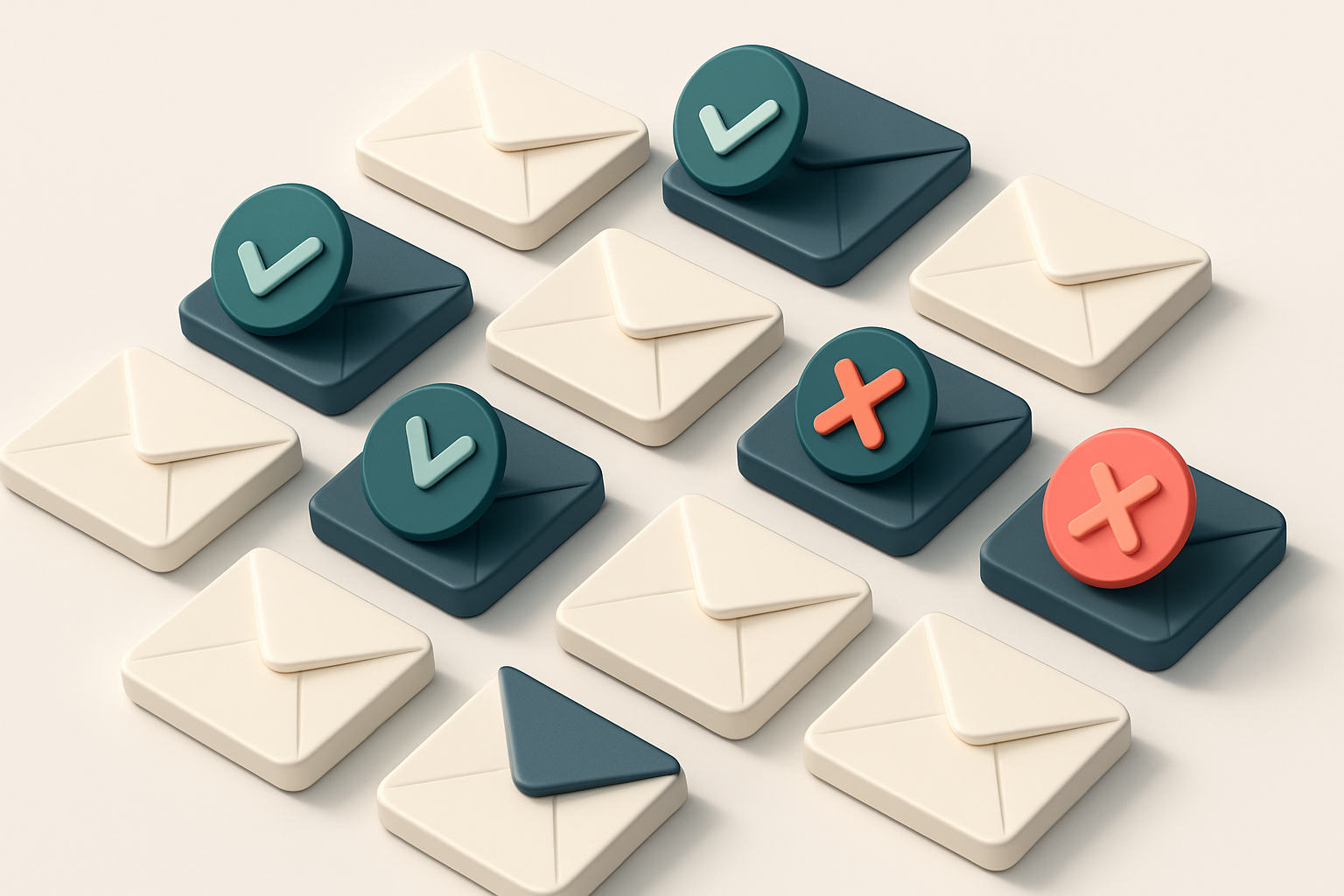 a grid of envelope icons with checkmarks on some and red Xs on others