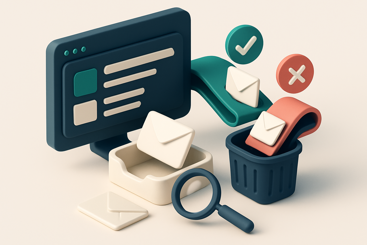 An isometric Zoho CRM dashboard with a green 'verified' conveyor belt feeding into an inbox, while a red 'invalid' belt