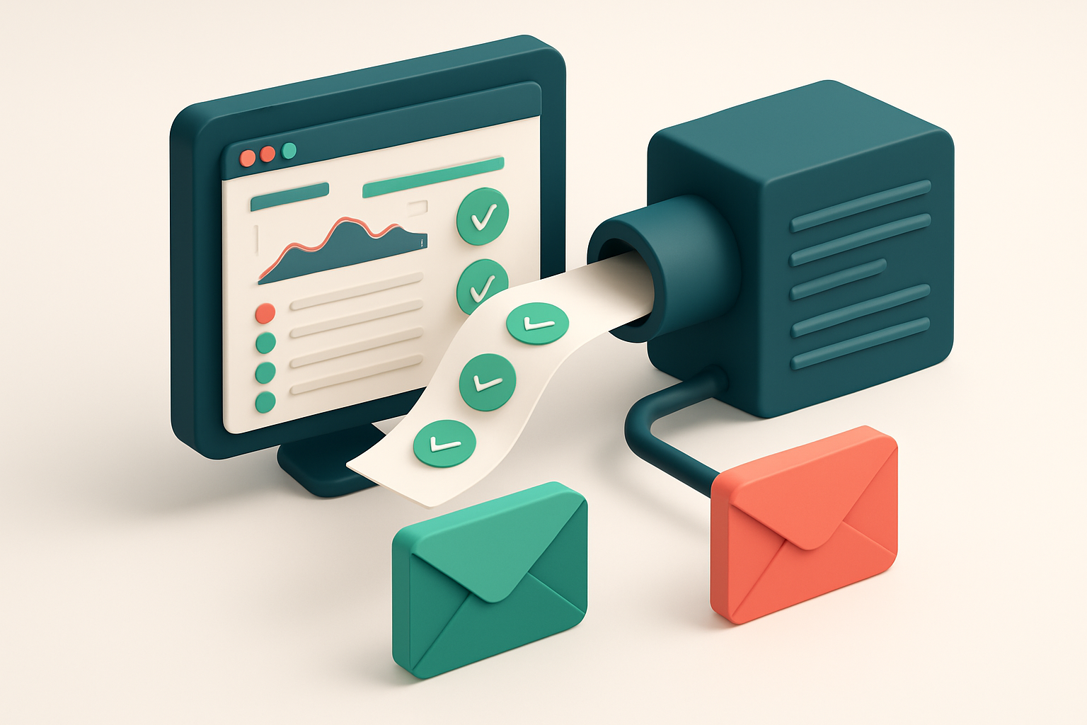 An isometric desktop scene showing a Freshsales dashboard with a green 'verified' email list flowing into a MailTester i