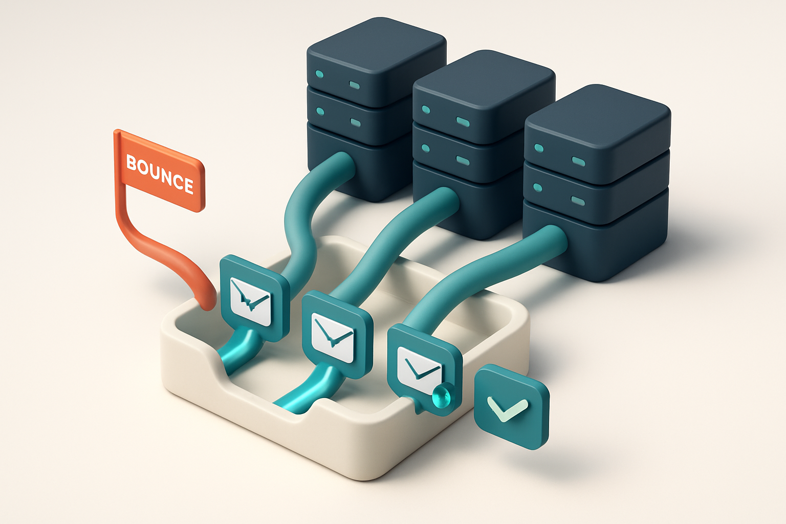 An isometric email server farm with blue data streams flowing into a central inbox labeled 'Gmail', 'Outlook', and 'Yaho