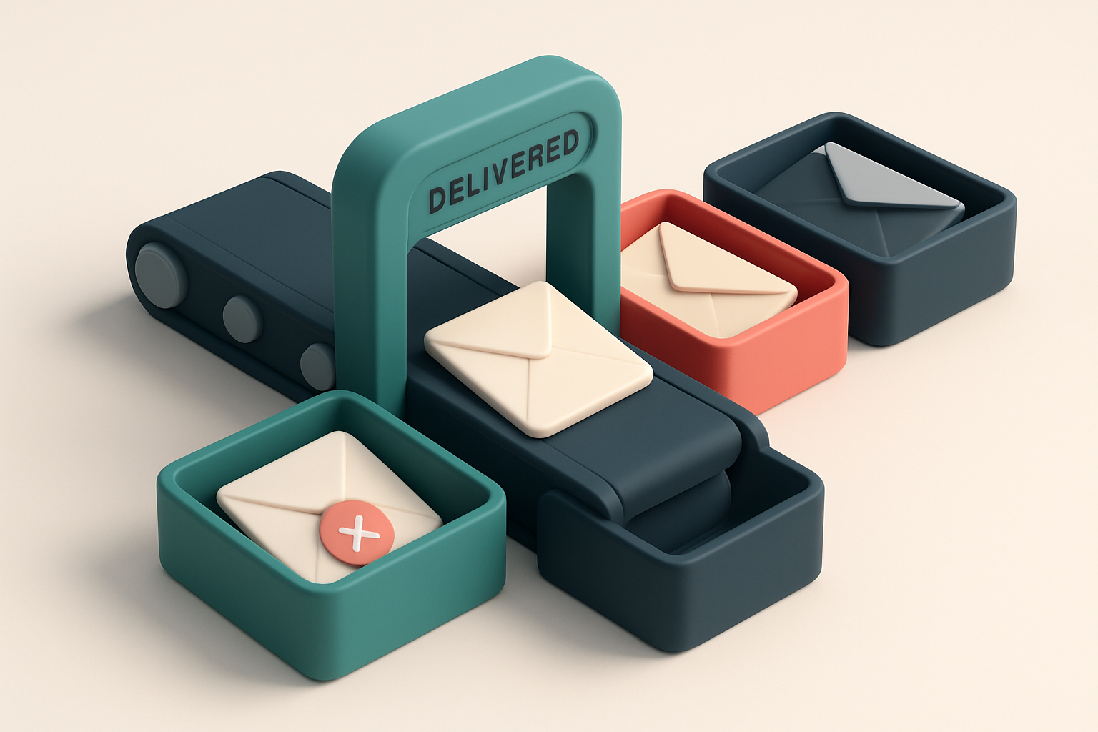 An isometric illustration of a 3D email inbox with envelopes being sorted by a conveyor belt: green 'inbox' tray, red 's