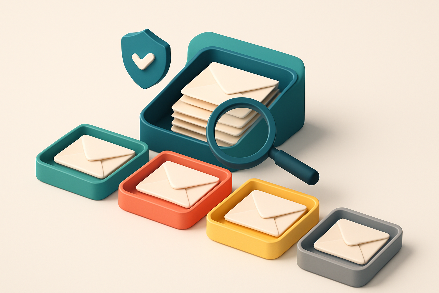 An isometric email inbox with envelopes being sorted onto a green 'valid' tray, a red 'invalid' tray, a yellow 'catch-al