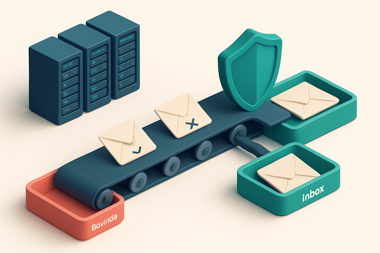 An isometric view of a conveyor belt moving envelopes labeled 'valid', 'risky', and 'invalid' across a network of server
