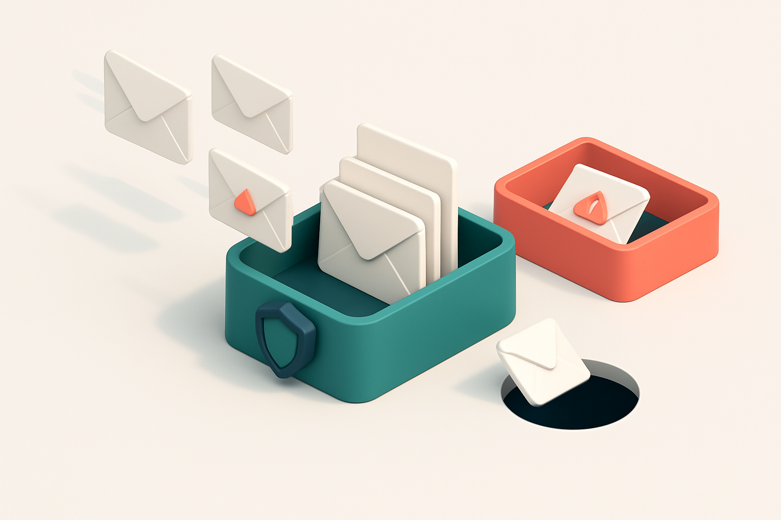 An isometric email inbox with envelopes flying in from the left, some landing in a green 'inbox' tray, others blocked in