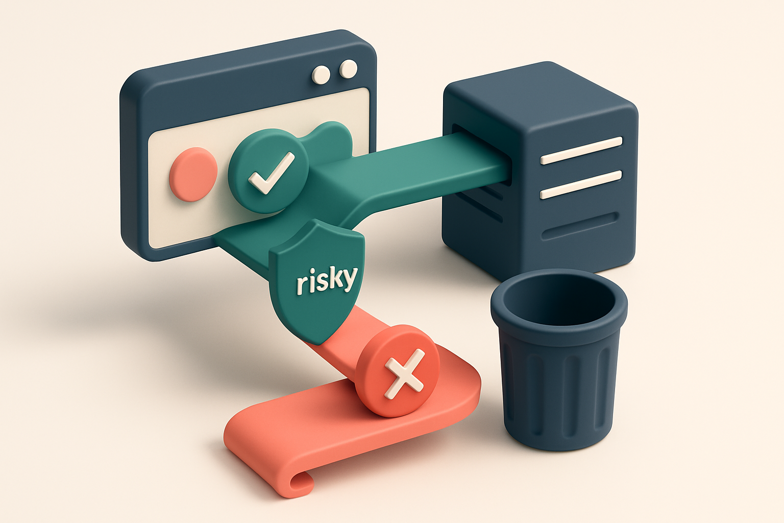 an isometric dashboard with a green 'verified' conveyor belt feeding into a Postmark server, while a red 'invalid' belt