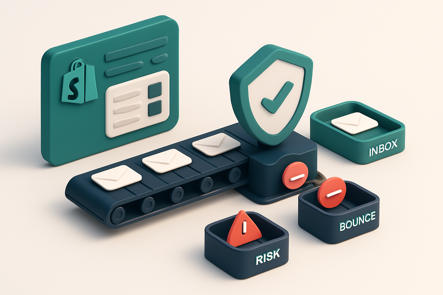 An isometric view of a Shopify store dashboard with a conveyor belt carrying email addresses into a shield-shaped inbox