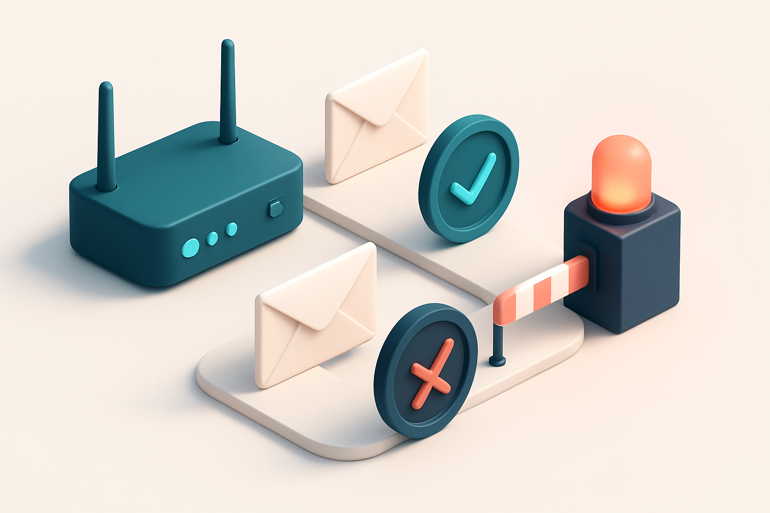 An isometric network router sending envelopes through a series of checkpoints: a green 'SPF pass' shield, a blue 'DKIM v