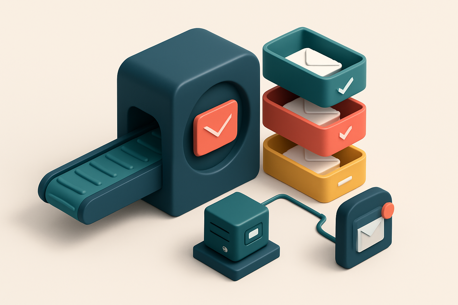 An isometric view of a conveyor belt labeled 'email list' feeding into a validation station with three output trays: gre