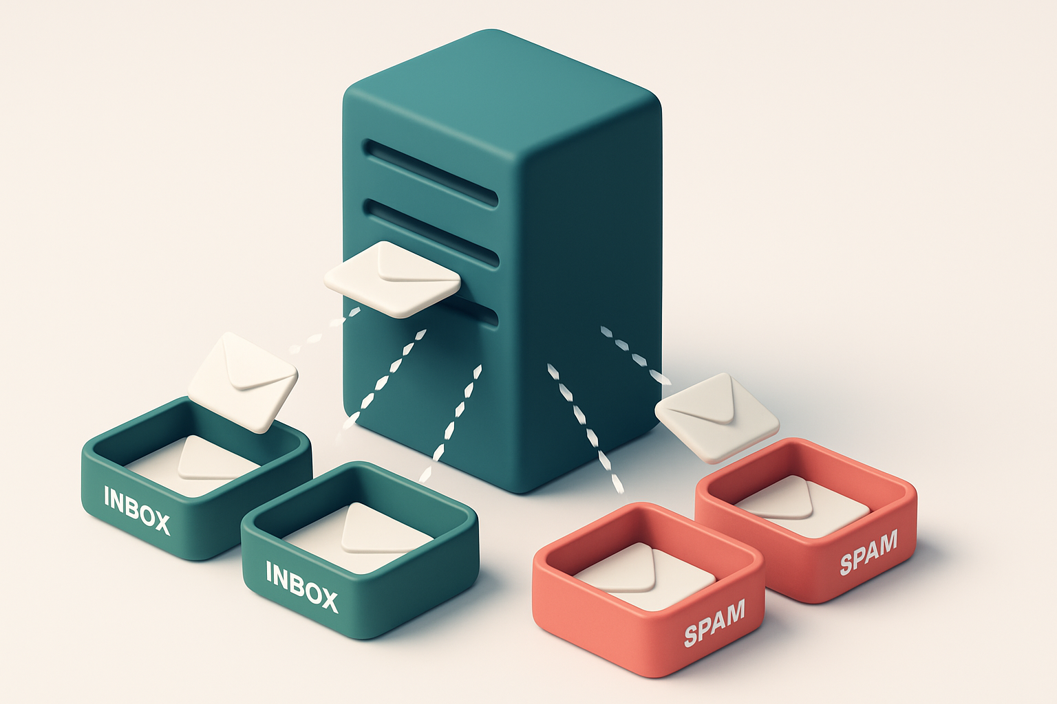 An isometric email server rack with labeled 'Gmail', 'Yahoo', 'Outlook', and 'Corporate' compartments. Messages are bein