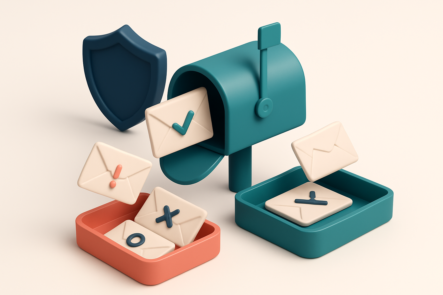 An isometric illustration of a central mailbox with incoming envelopes labeled 'Valid', 'Risky', 'Invalid', and 'Catch-a