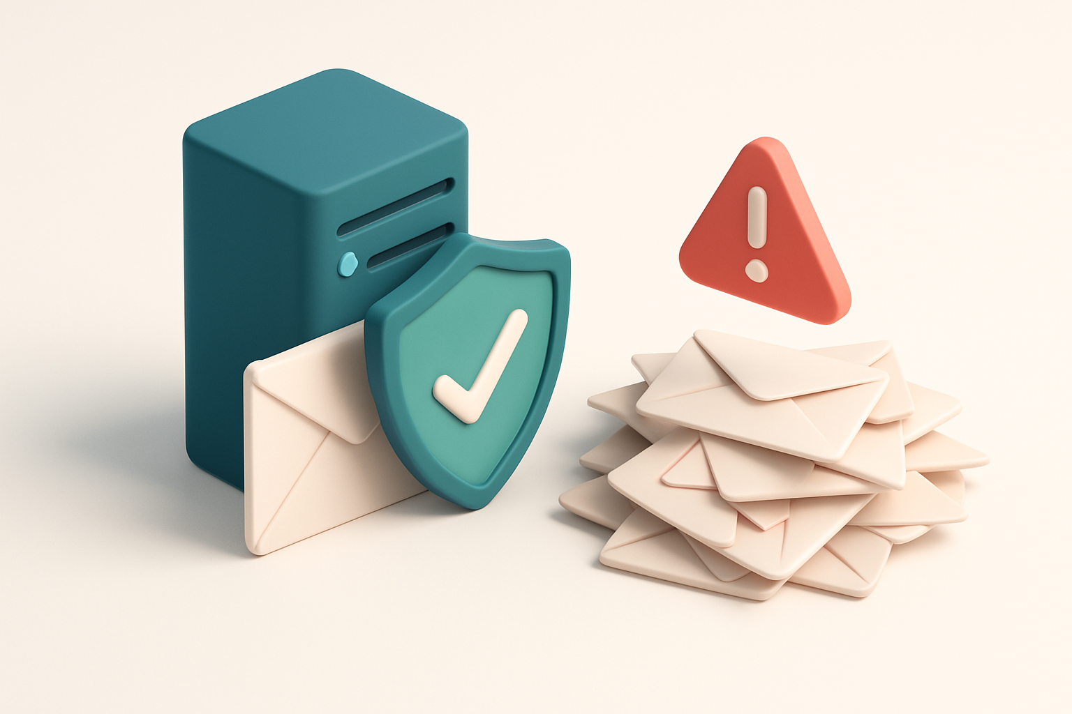 An isometric email server tower with a green shield protecting a stack of envelopes labeled 'Valid Email', while a red w