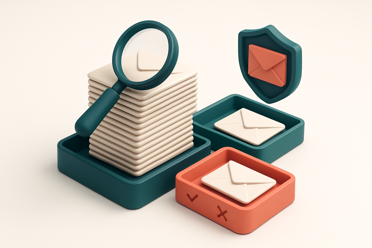 An isometric email inbox with envelopes being sorted onto a green 'valid' tray and a red 'invalid' tray, a magnifying gl