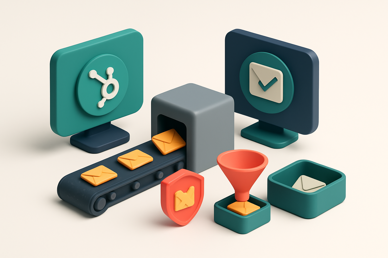 An isometric dashboard showing HubSpot and MailTester side by side, with a conveyor belt sending email envelopes through