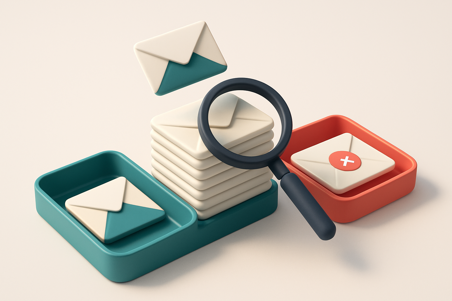 an isometric email inbox with envelopes being sorted onto a green 'valid' tray and a red 'invalid' tray, a magnifying gl
