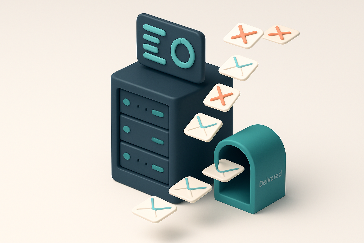 An isometric server rack with a live feed of email packets streaming through it, some marked with red 'X' icons (failed