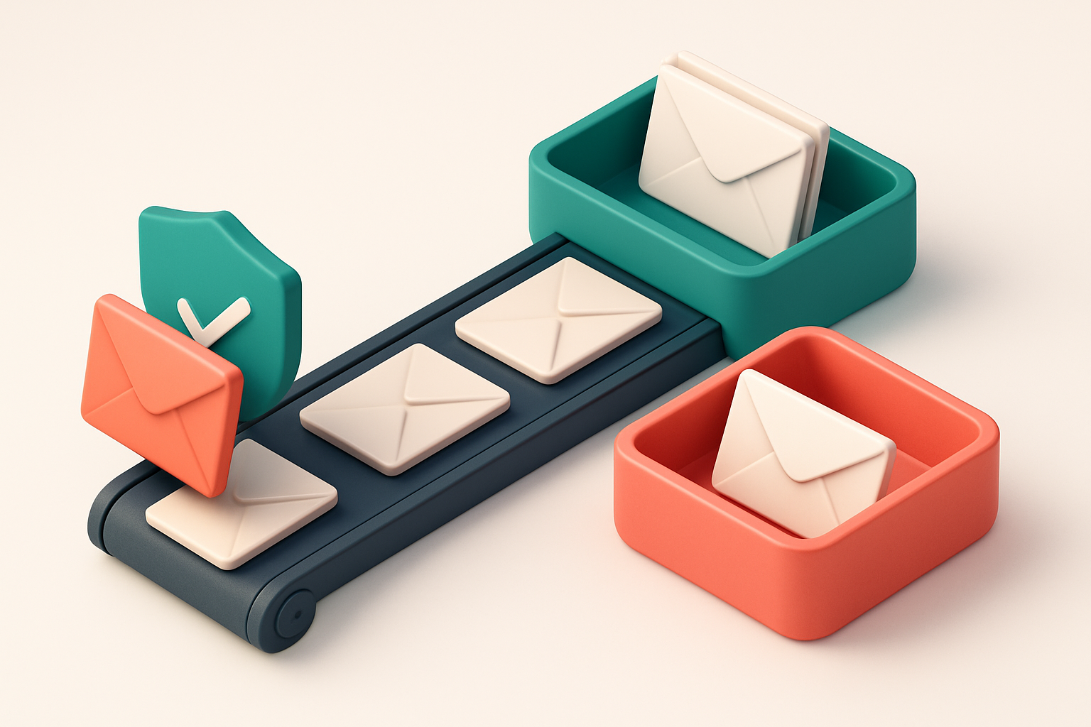 an isometric inbox with envelopes being sorted into a green 'valid' tray and a red 'invalid' tray, a conveyor belt carry