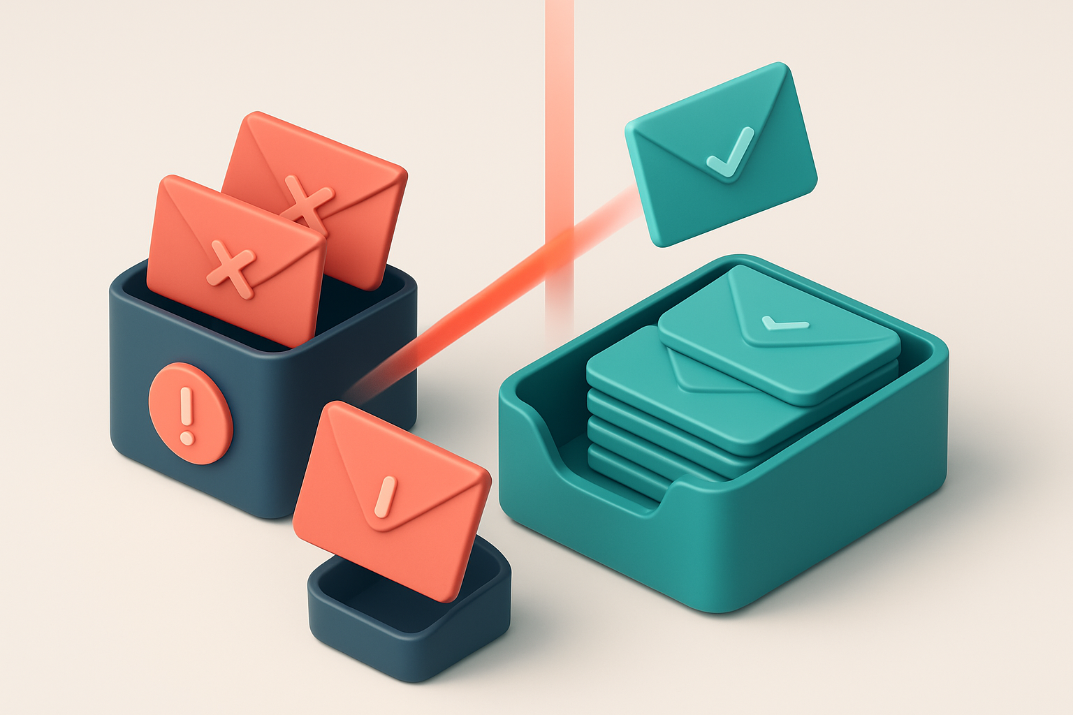An isometric email inbox with envelopes being scanned by a red 'scan' ray, splitting the incoming messages: green 'valid